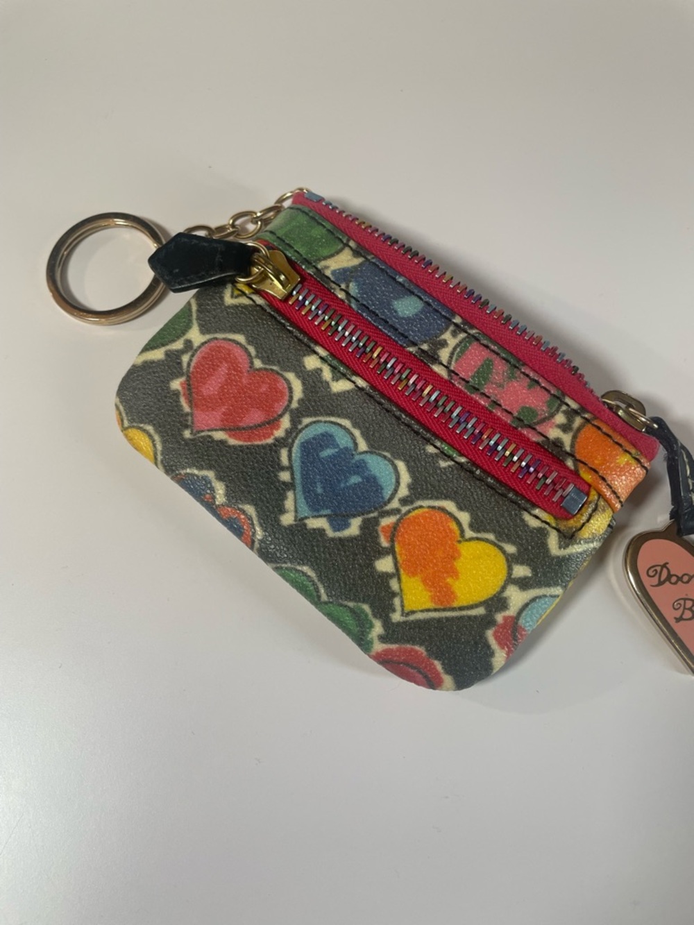 Dooney & Bourke Black Multicolor Heart Key Coin Pouch with Pink Trim